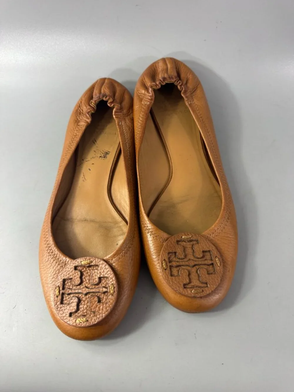 Tory Burch Reva Brown Leather Scrunch Ballet Flats, Size 10 M